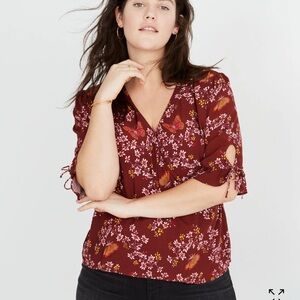 Madewell Burgundy Floral Tie-Sleeve Wrap Top in Butterfly Sanctuary